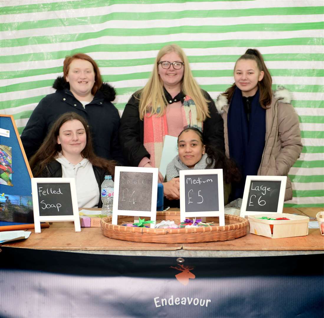 Rhianna Newlands, Lauren Bertram, Tegan McClung, Shaznee Smith and Karolina Ulicka from Invergordon Academy were selling Endeavour Felted Soaps.