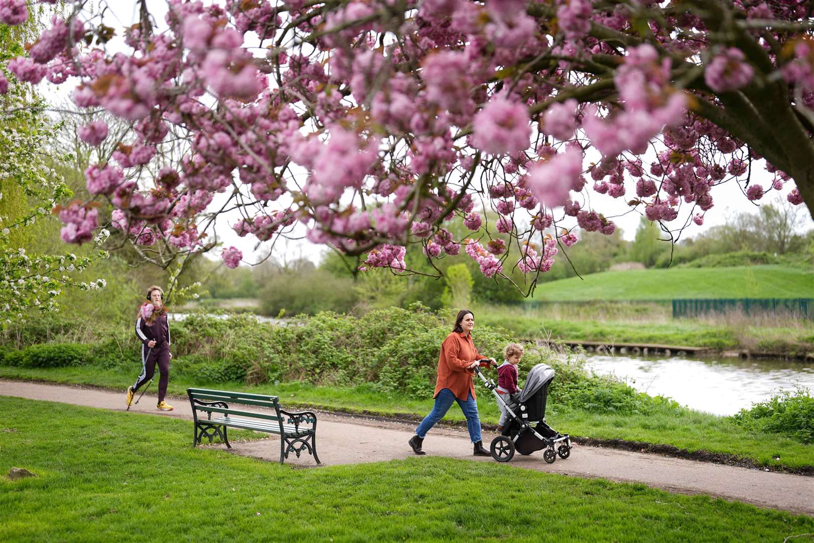 People walk by flowering cherry blossom trees in St Nicholas’ Park, Warwick (Jacob King/PA)