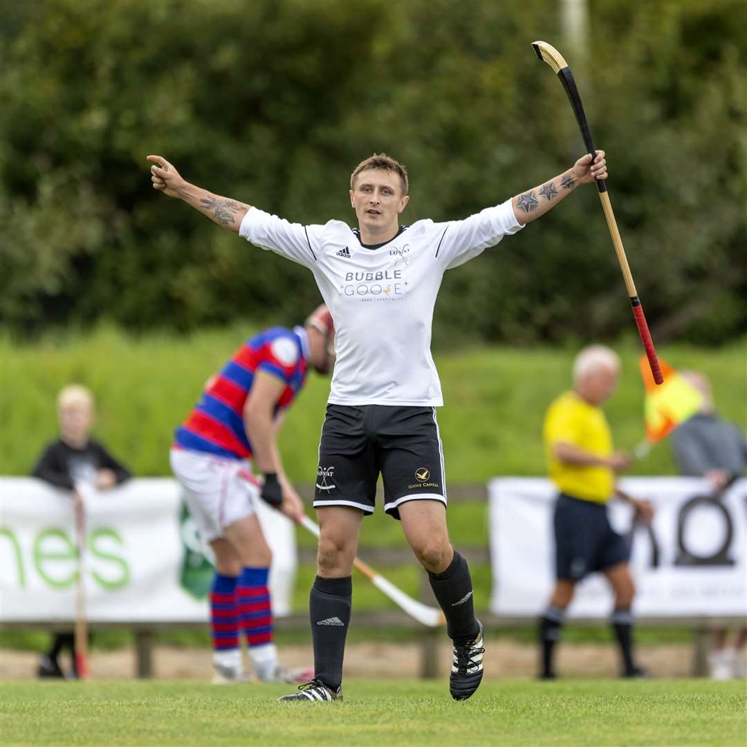 Lovat’s Fraser Heath celebrates his second goal. Lovat v Kingussie in the semi final of the Tulloch Homes Camanachd Cup, played at An Aird in Fort William.