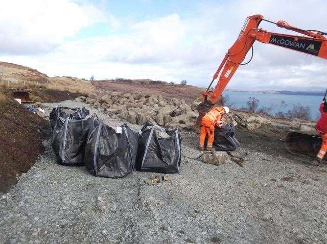 Bagging stone for the path renovation works at the Old Man of Storr. Picture: OATS