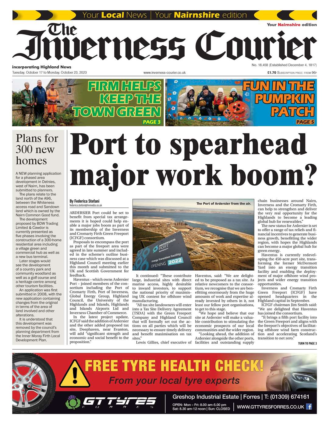 The Inverness Courier (Nairnshire edition), October 17, front page.