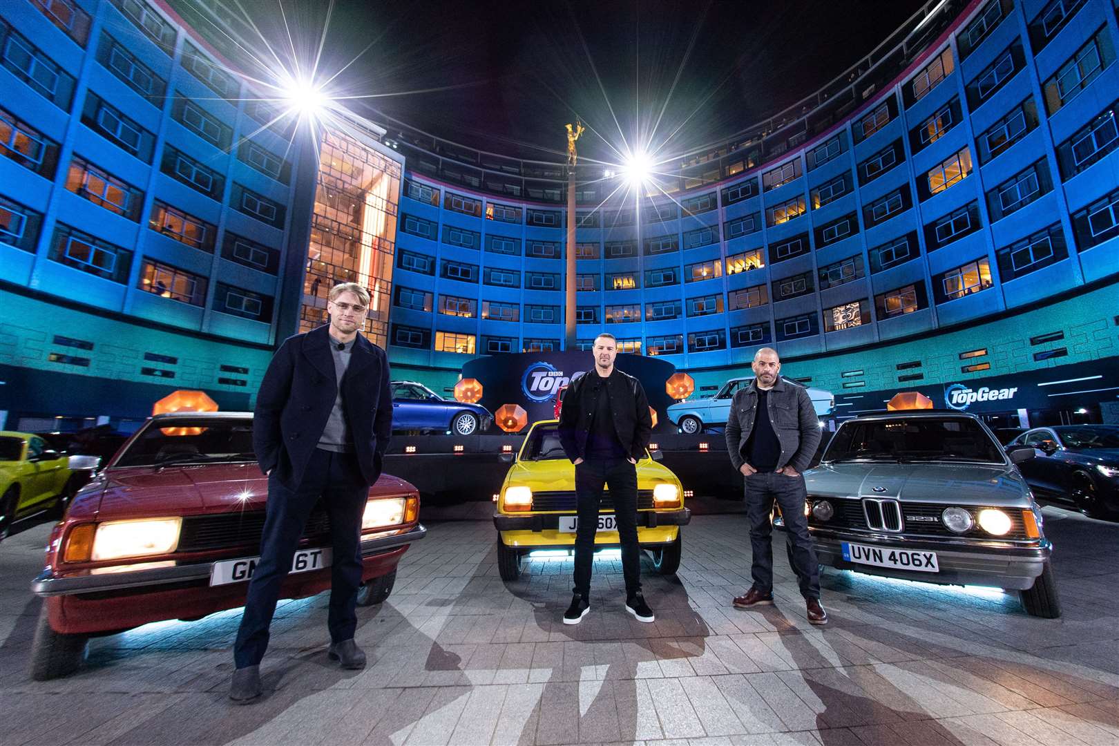 (left to right) Andrew Flintoff, Paddy McGuinness and Chris Harris during the filming of a Top Gear episode (BBC)