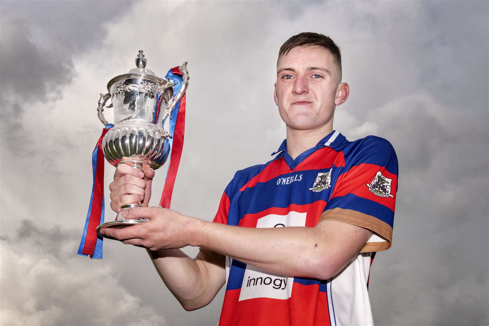 Proud Kingussie captain Robert Mabon with the MacAulay Cup. Oban Camanachd v Kingussie in the Artemis MacAulay Cup Final. The game was played at Mossfield, Oban.