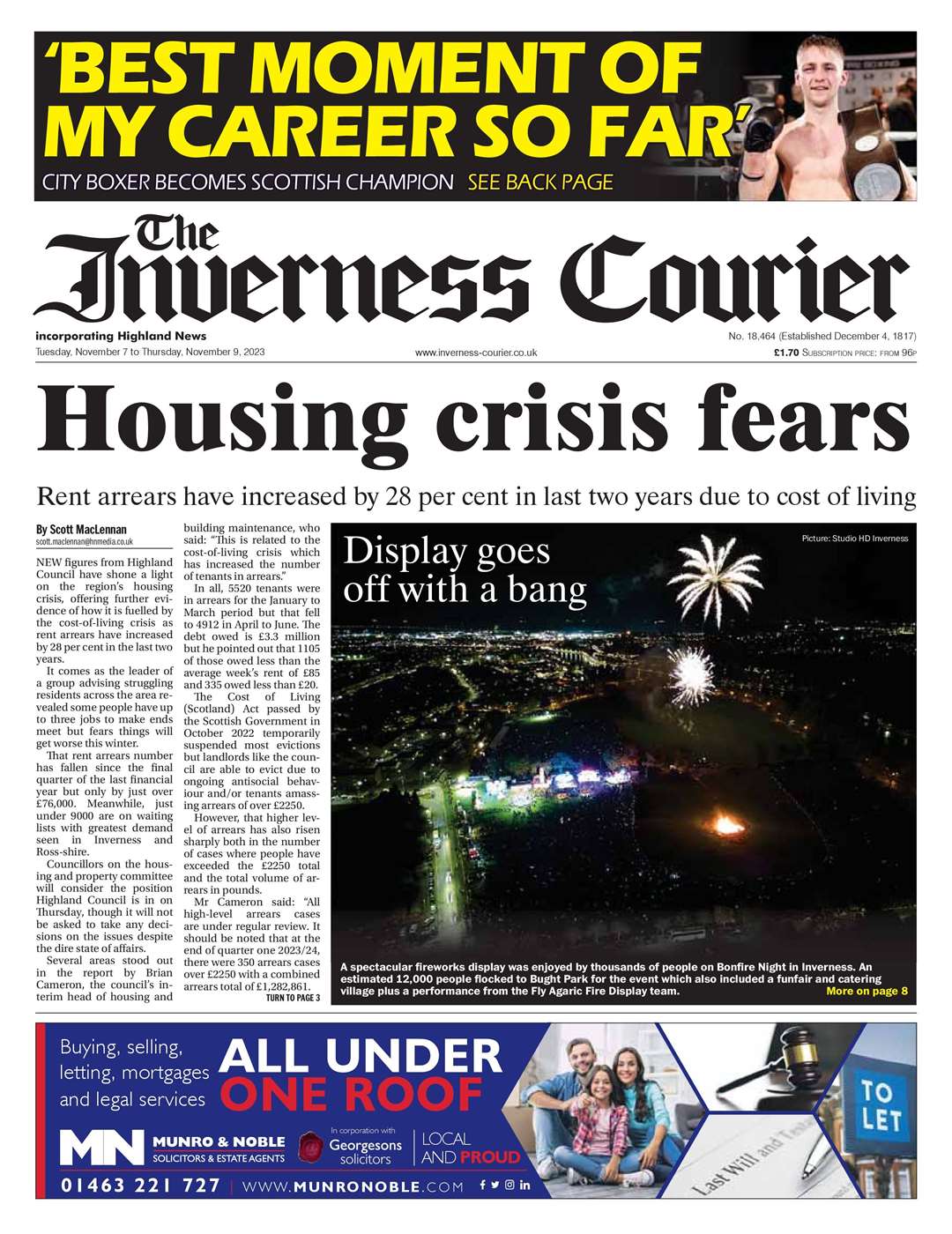 The Inverness Courier, November 7, front page.
