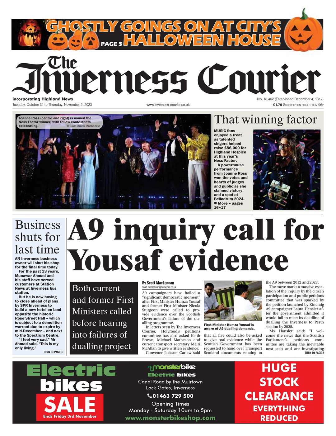 The Inverness Courier, October 31, front page.