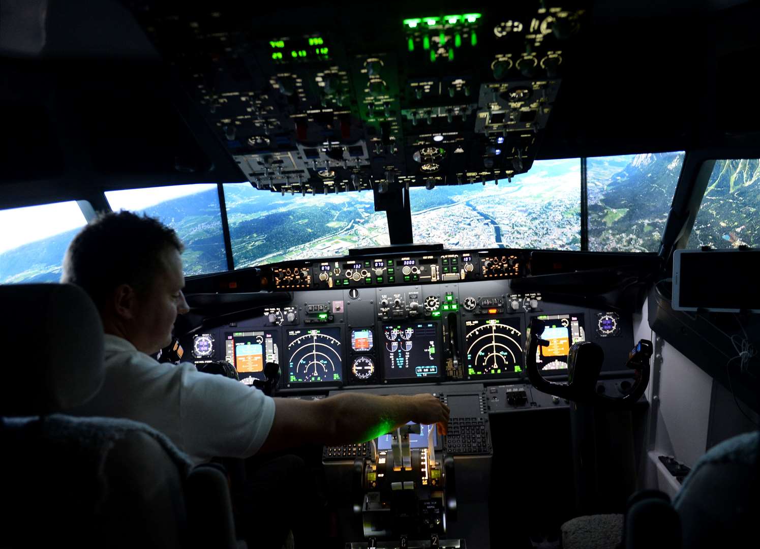 Krystian Rabiej has built a full scale 737 cockpit simulator,pictured flying into Innsbruck.. Picture: Gary Anthony..