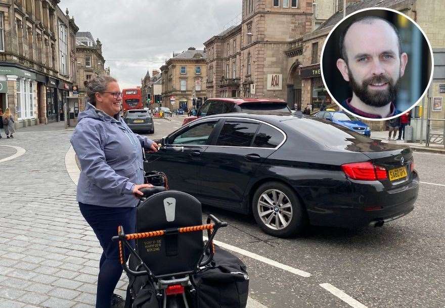 Inverness's cycling mayor Emily Williams on Academy street and (inset) city GP Dr Andrew Dallas.
