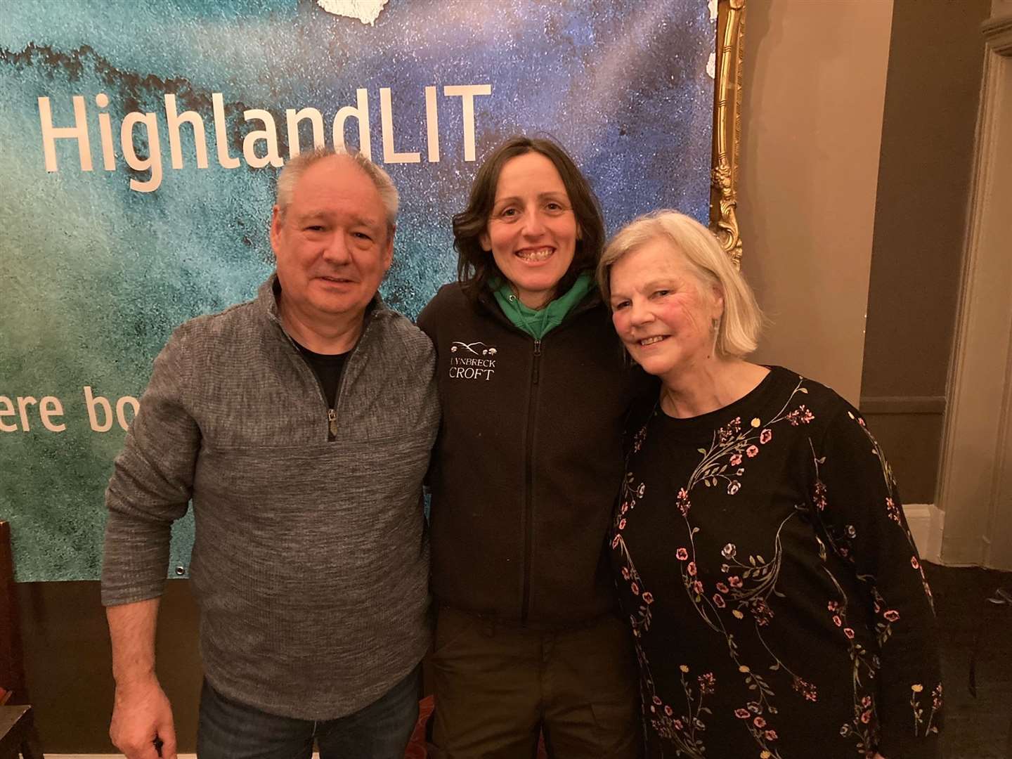 Lynn Cassells, co-author of Our Farming Life with HighlandLUT committee members Mark Williams and (right) Penelope Hamilton.