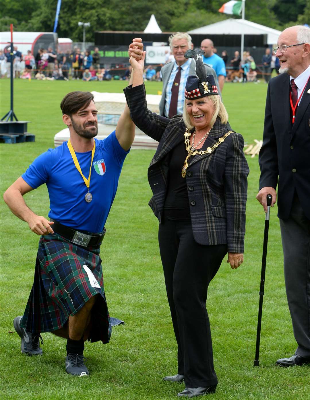 Inverness Highland Games 2018 at Bught Park. Guest heavy Mateo MacNeels recieves Worst Highland Dance award. Picture: Gary Anthony
