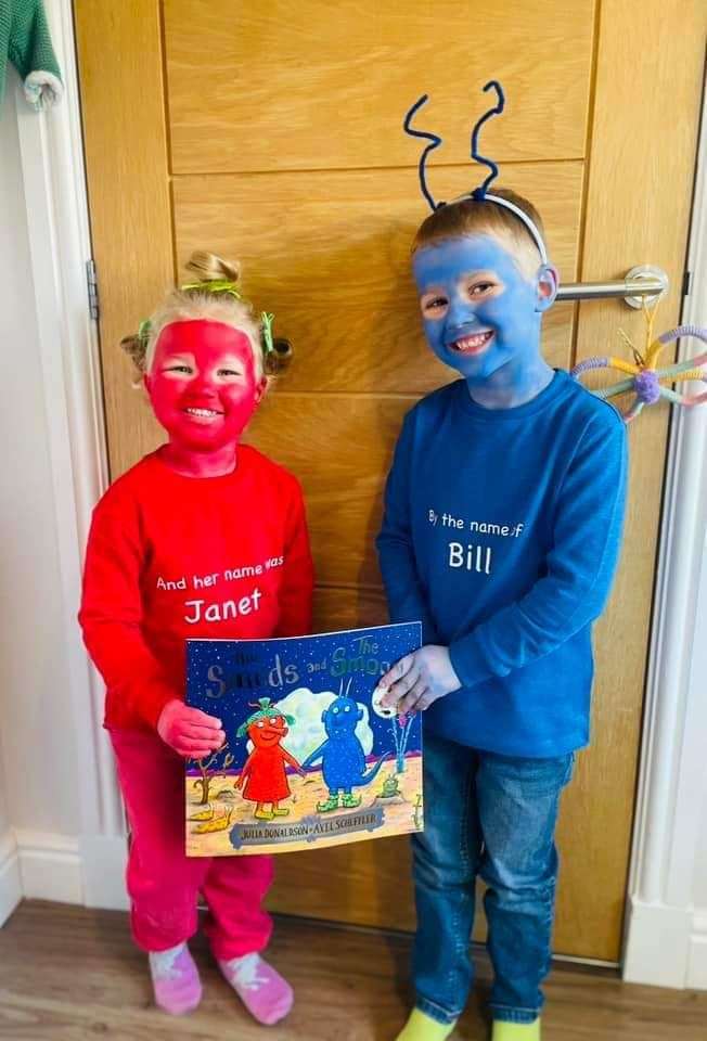 Innes and Edie dressed as Bill and Janet from the Smeds and the Smoos. Picture: Amy Stuart.