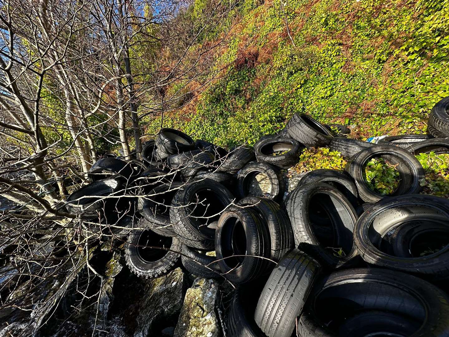Some tyres were dumped halfway up the banks.