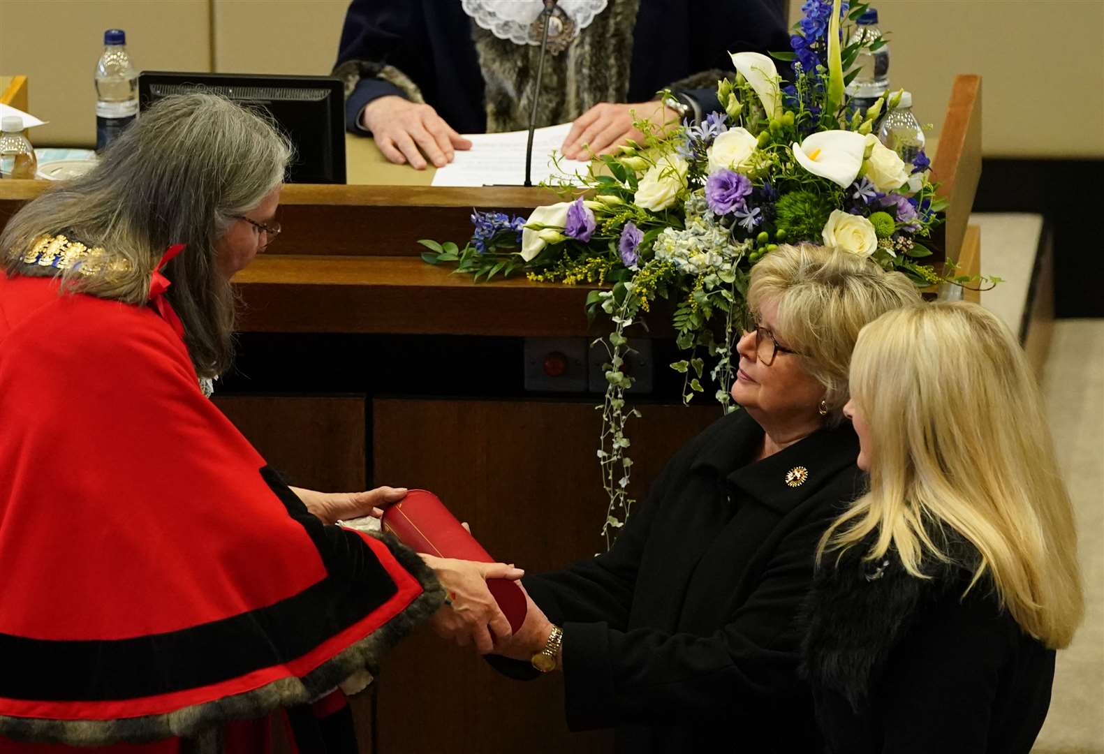 Lady Julia Amess is presented with the freedom of the city on behalf of her late husband by mayor Margaret Borton (Gareth Fuller/PA)