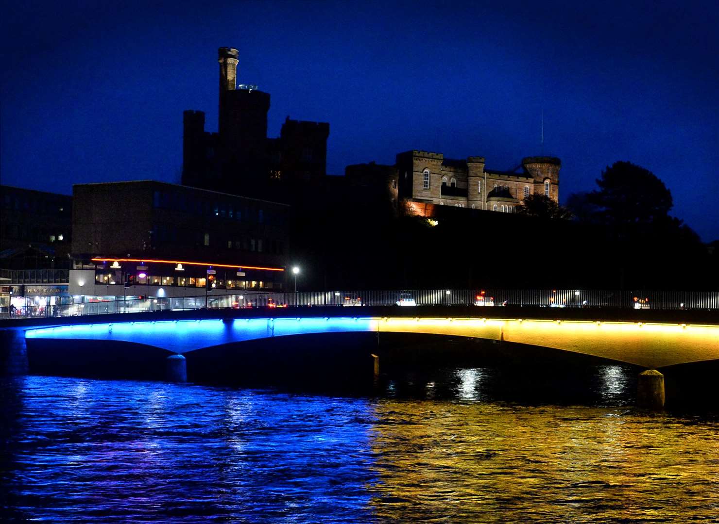Inverness shows its support of Ukraine by lighting Ness Bridge in blue and yellow. Picture: Gary Anthony