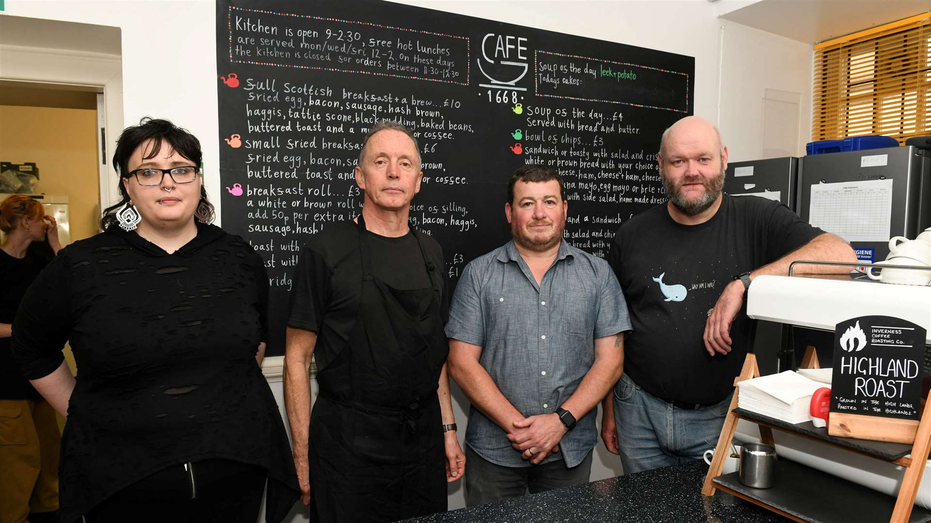 Angela Ellis, Duncan Marshall, Roy Harrison and James Bissett welcome people into Cafe 1668. Pictures: Callum Mackay