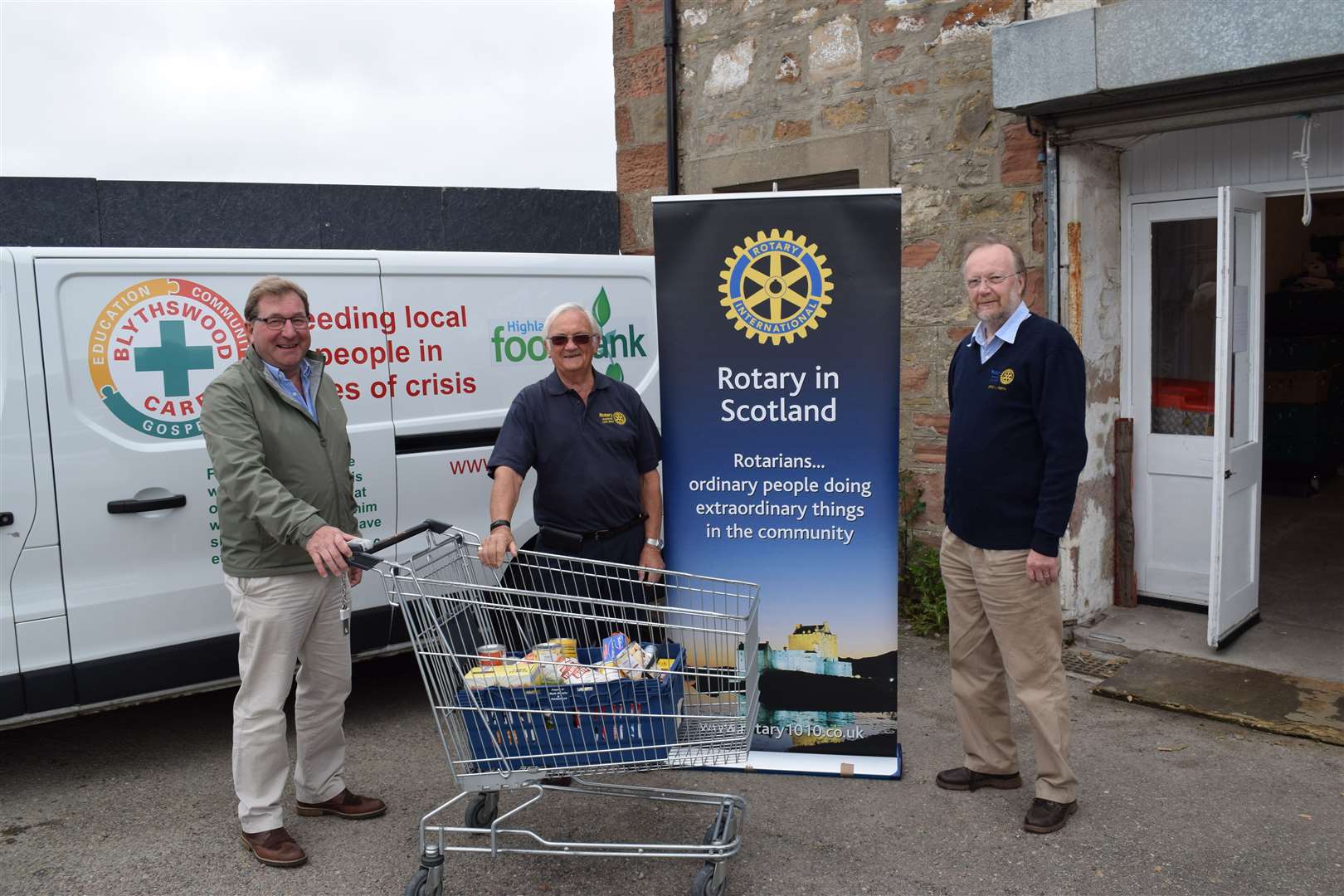 Presenting the donation to Blythswood chief executive James Campbell, is President of Rotary Club of Inverness Loch Ness Mike Halley, and President Elect Bryan Smith.