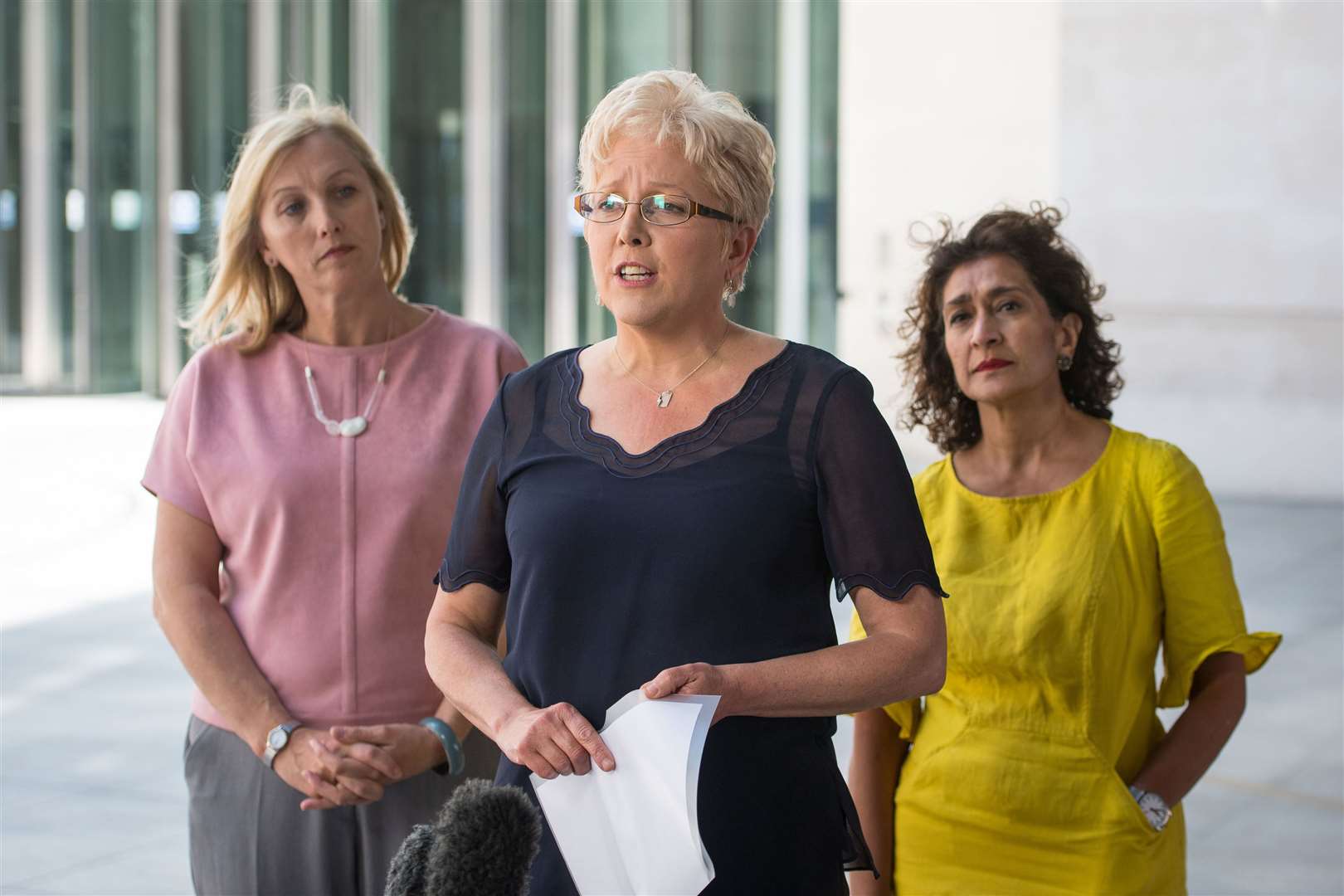 Martine Croxhall (left) with Carrie Gracie (centre) and Razia Iqbal (right) after Ms Gracie resolved her equal-pay dispute with the BBC (Dominic Lipinski/PA)