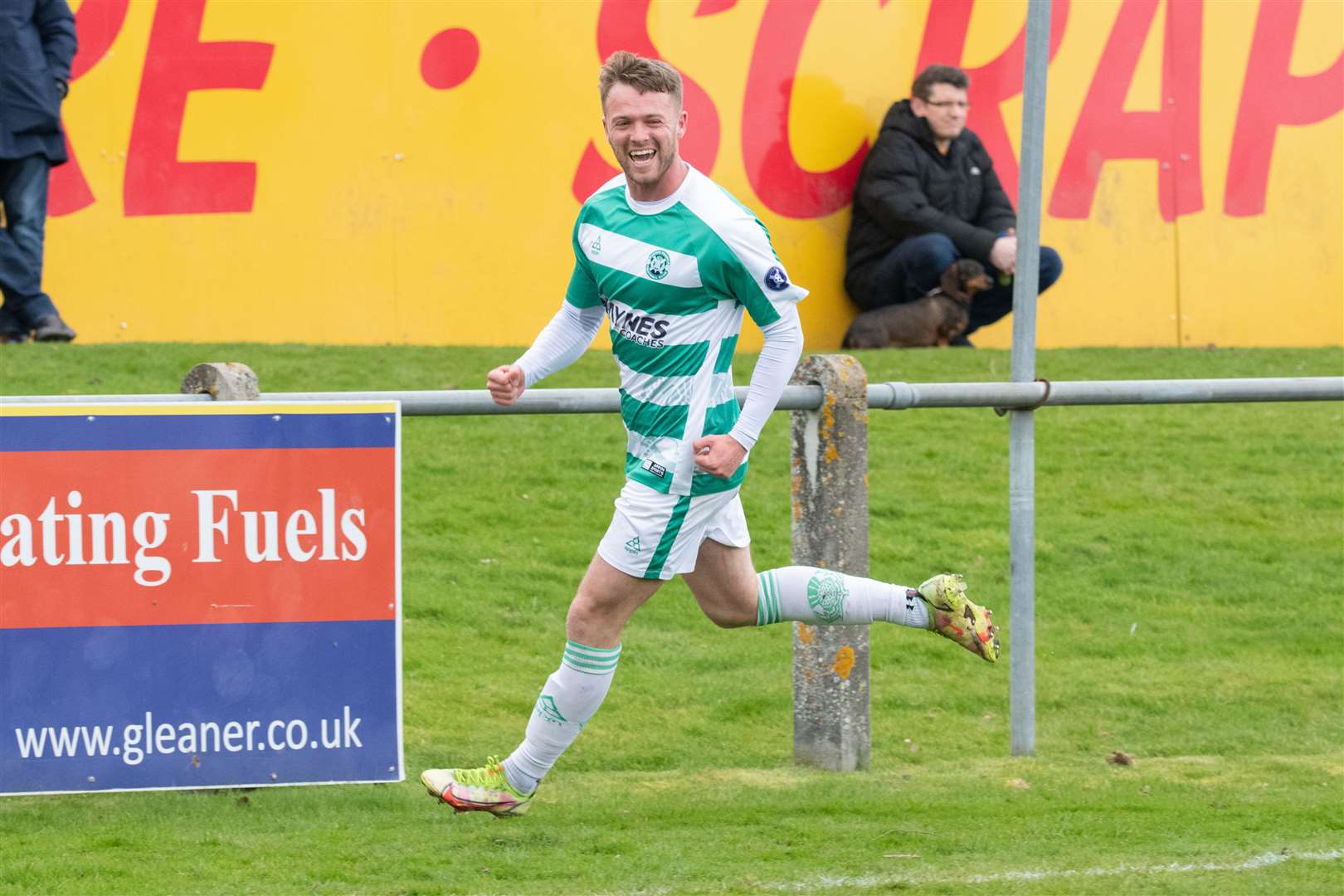 Buckie Thistle's Josh Peters celebrates opens the scoring for the travelling Jags...Forres Mechanics FC (2) vs Buckie Thistle FC (3) - Highland Football League 22/23 - Mosset Park, Forres 01/04/23...Picture: Daniel Forsyth..
