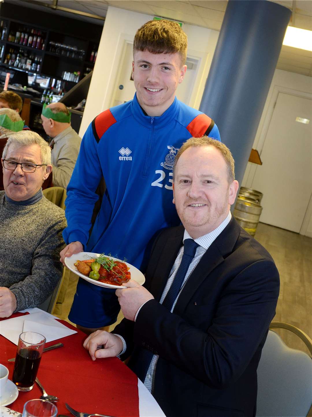 Inverness Caledonian Thistle hold a Festive Friends Christmas meal. Daniel MacKay with Scot Gardiner. Picture: Gary Anthony.