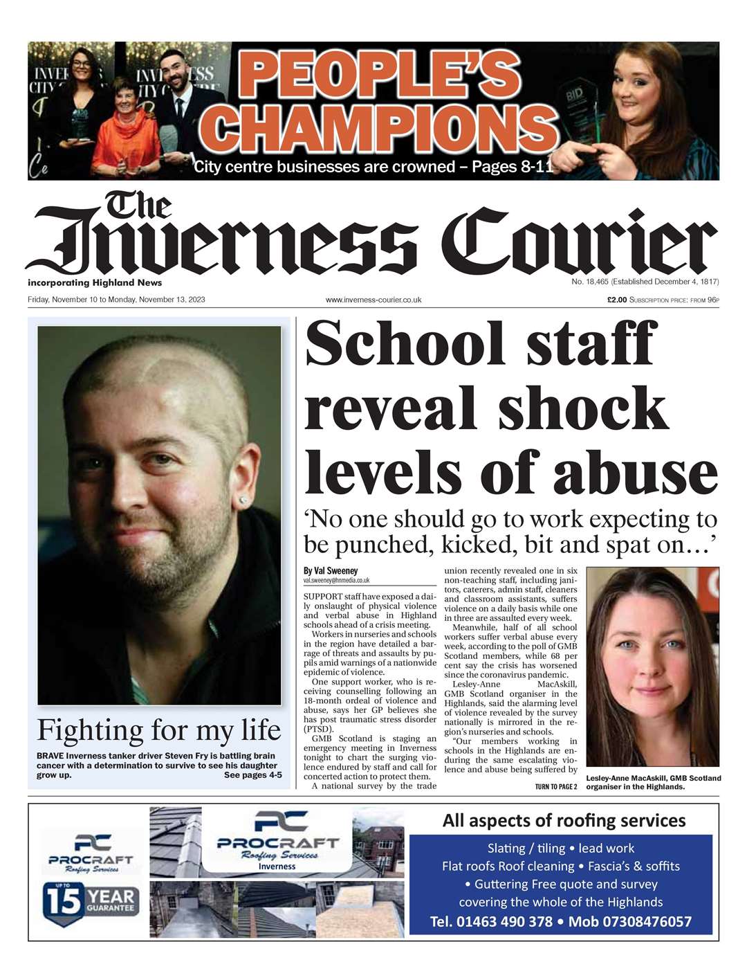 The Inverness Courier, November 10, front page.