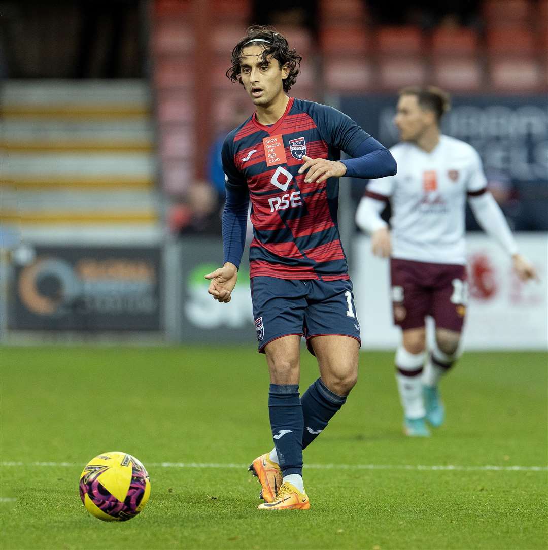 Yan Dhanda was involved in much of County’s best play against Hearts. Picture: Ken Macpherson