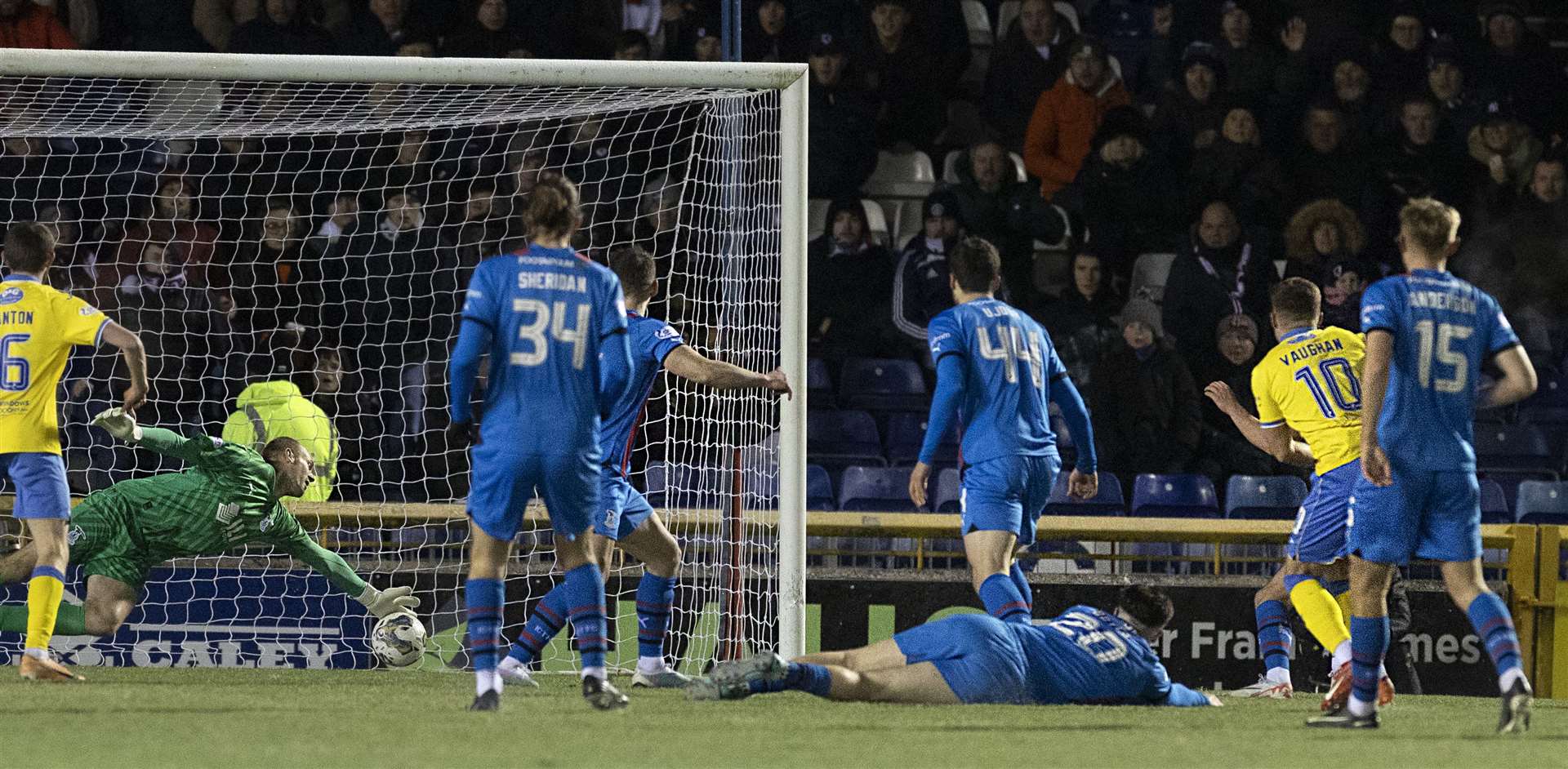 Raith’s Lewis Vaughan fires the equalising goal past Caley Thistle keeper Mark Ridgers.