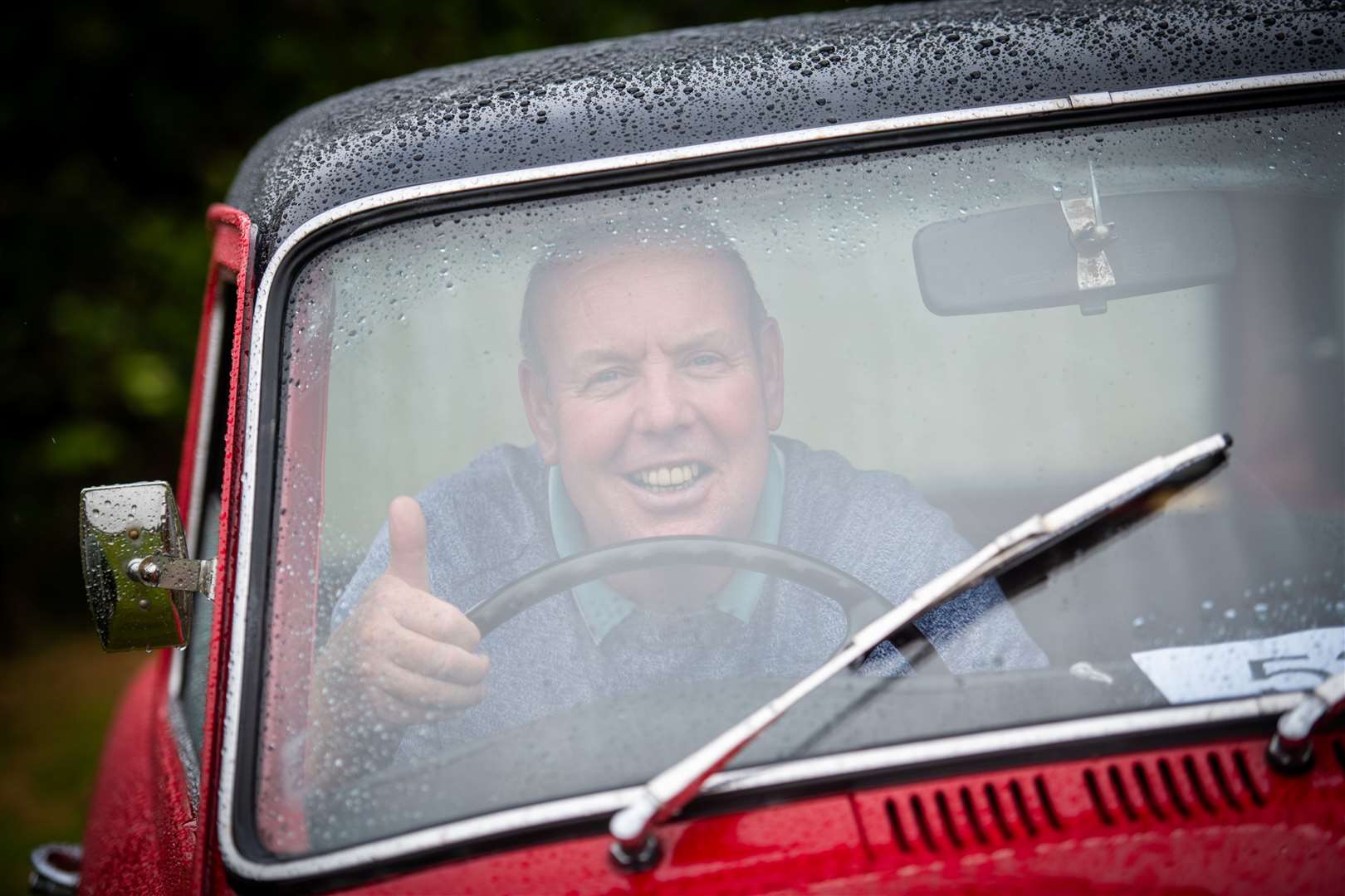 Bernard O'Donnel in his Highland Red Austin A40 MK1 at Tain car rally. Picture: Callum Mackay