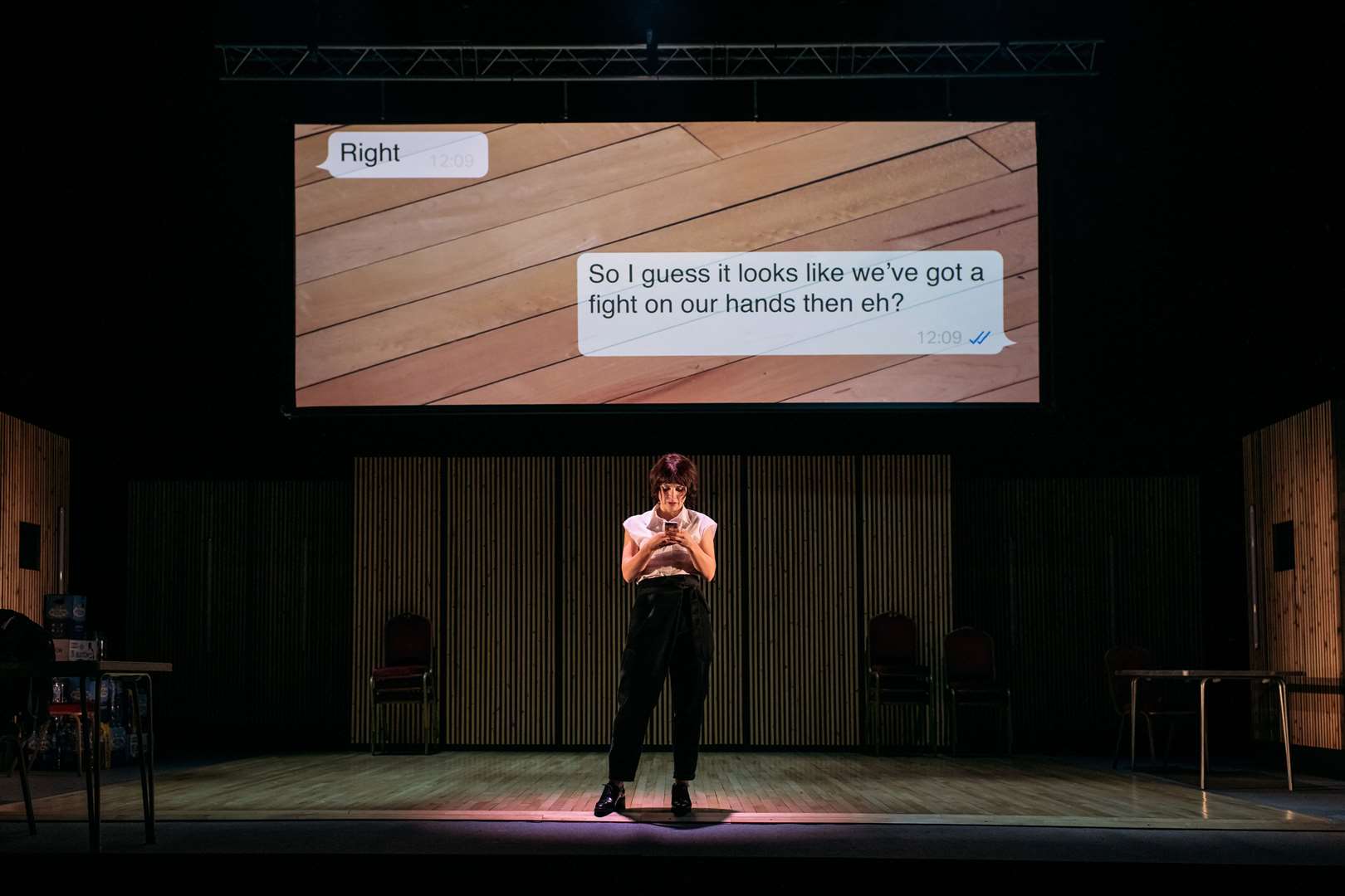 Hannah Donaldson as Kirsten with messages on-screen. Picture: Mihaela Bodlovic