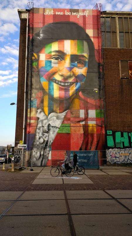 The legacy of Anne Frank is clear to see across the city, including this bold piece of art in the Noord district. Picture: Hector MacKenzie.