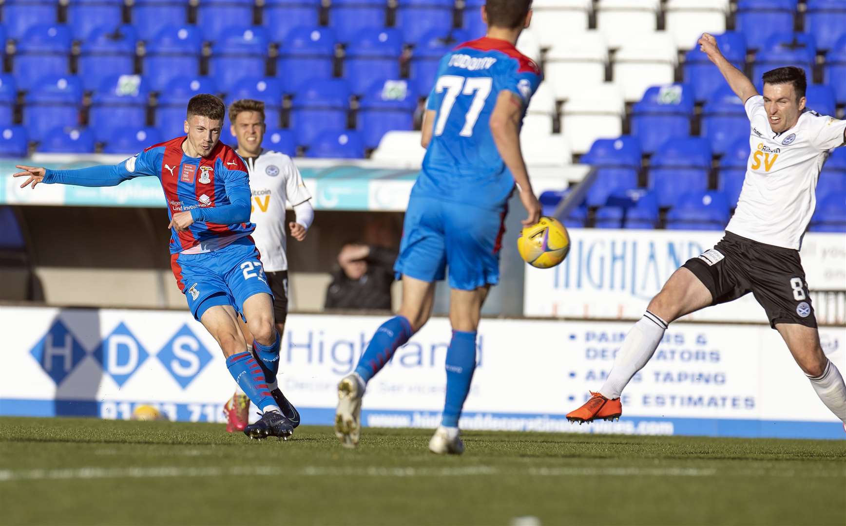 Picture - Ken Macpherson, Inverness. Inverness CT(1) v Ayr United(1). 24.10.19. ICT’s Daniel Mackay gets a shot on goal past Ayr’s Michael Miller.
