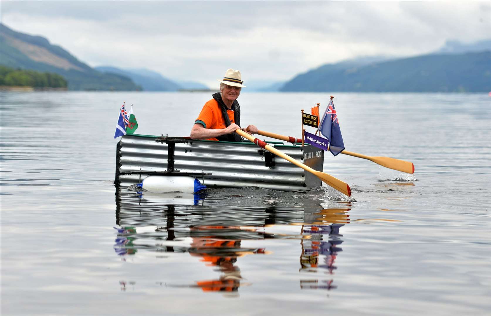 Major Mick rows out into Loch Ness in Tintanic II as part of his fundraising challenge for Alzheimer's Research UK.