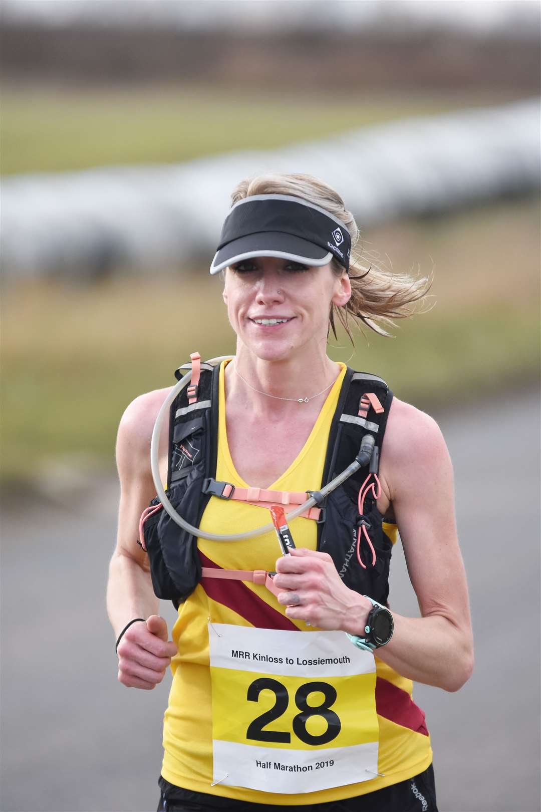First lady was Amy Hudson from Inverness Harriers...Moray Road Runners Half Marathon from Kinloss to Lossiemouth...Picture: Becky Saunderson. Image No..