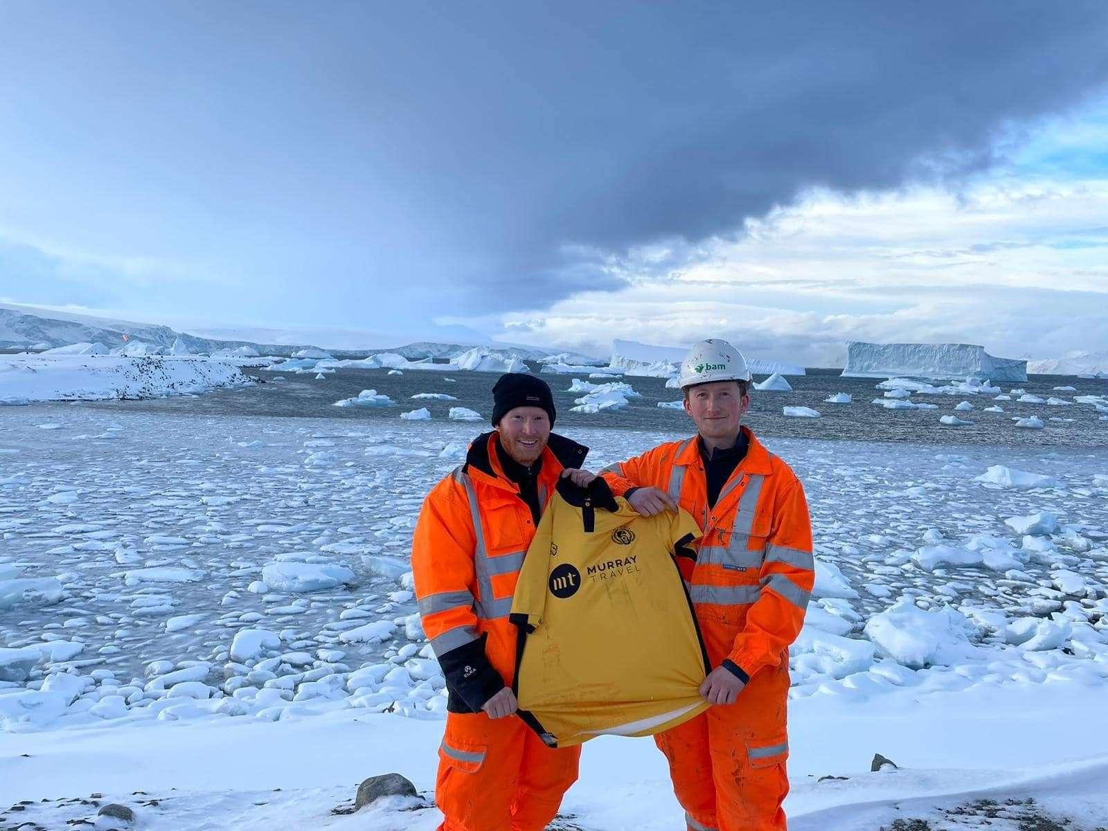 Euan Logan (right) and Kyle Torrie with the shirt in Antarctica. Picture: Nairn County FC.