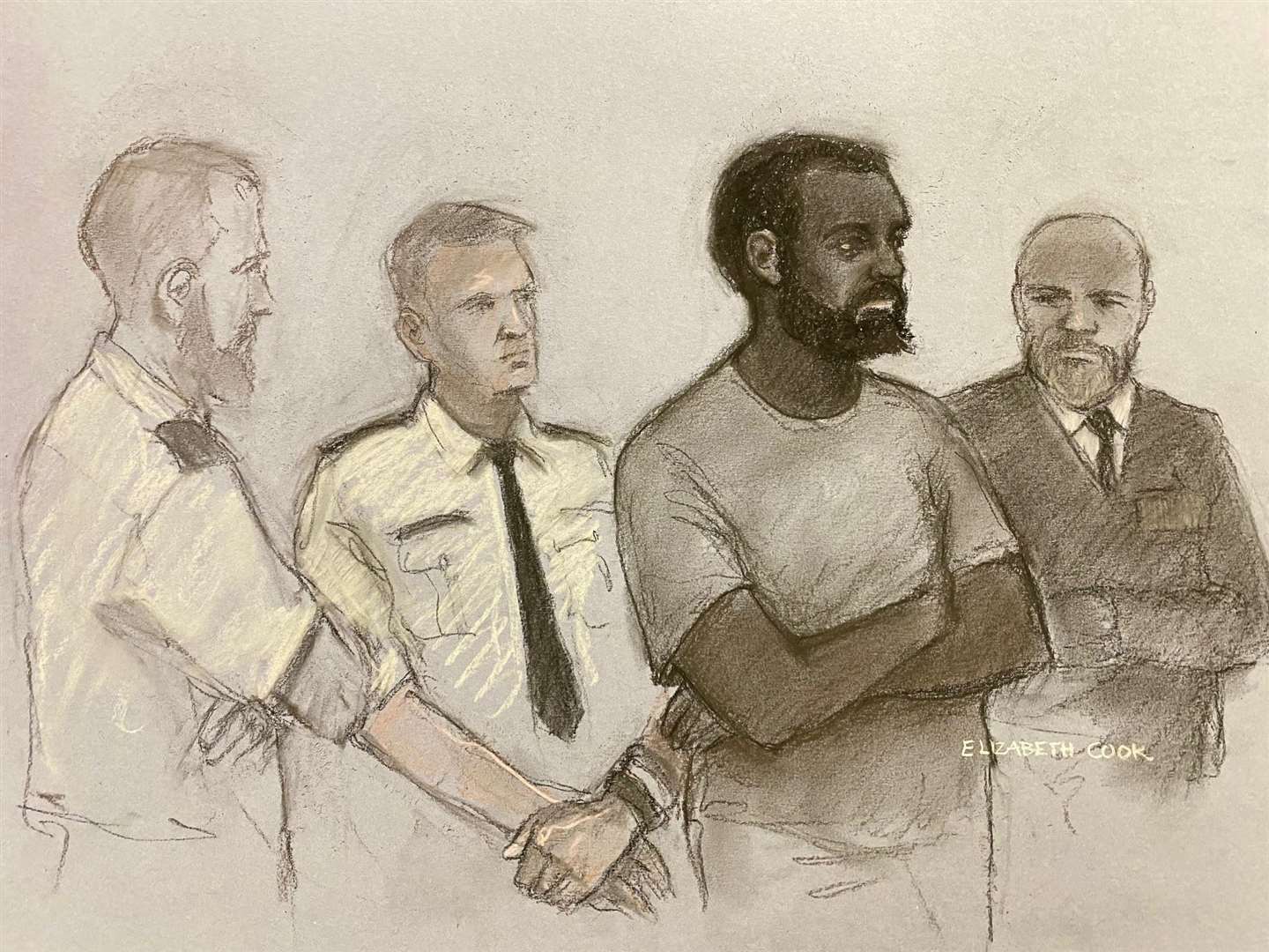 Court sketch of Valdo Calocane, second right, during a court appearance in June (Elizabeth Cook/PA)