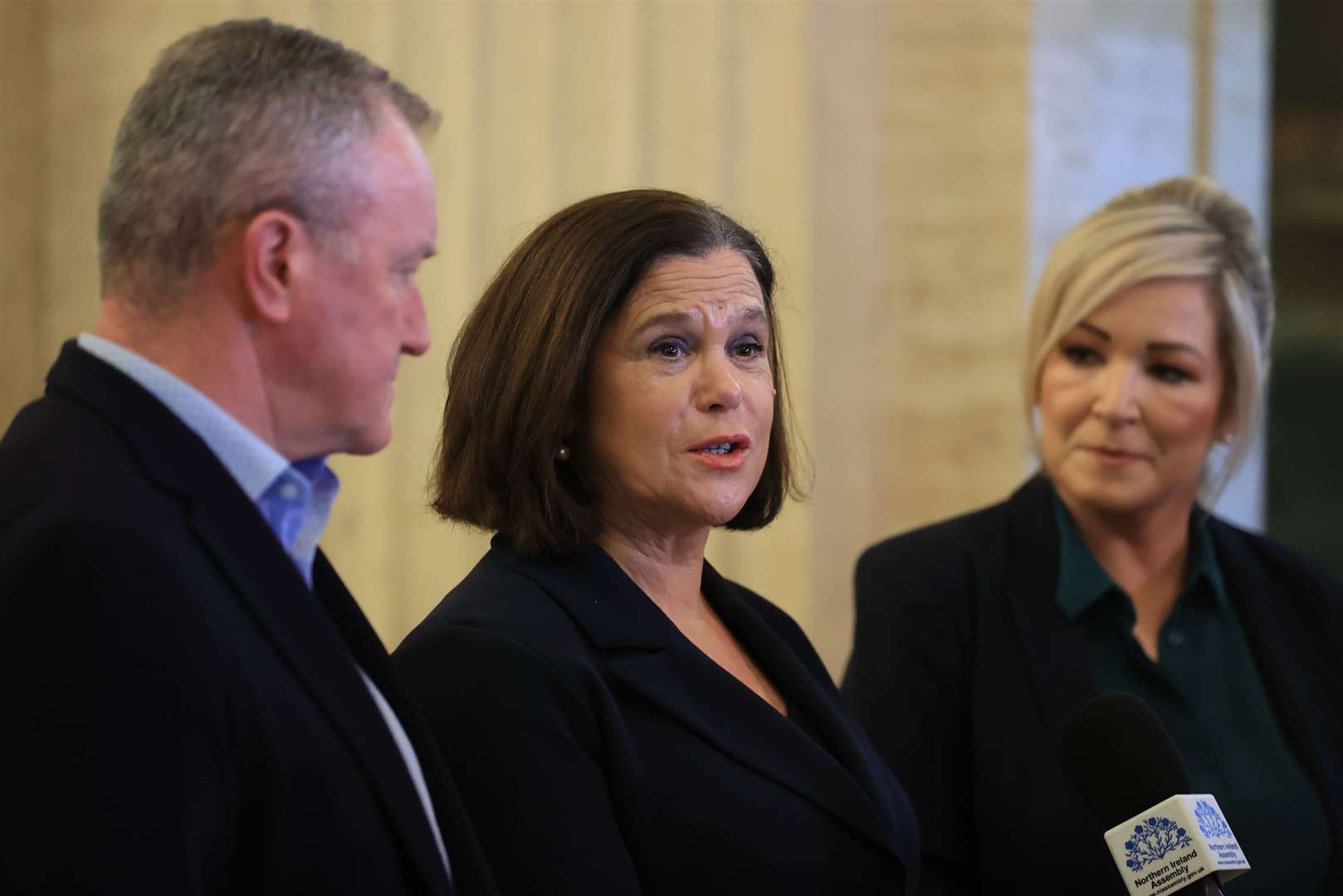 (left to right) Sinn Fein representatives MLA Conor Murphy, president Mary Lou McDonald and vice-president Michelle O’Neill (Liam McBurney/PA)