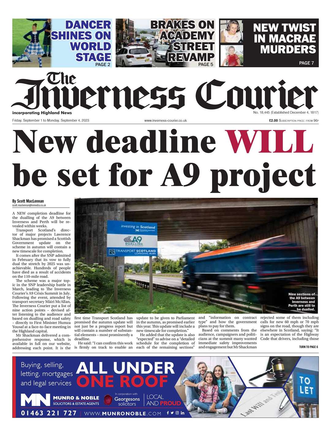 The Inverness Courier, September 1, front page.