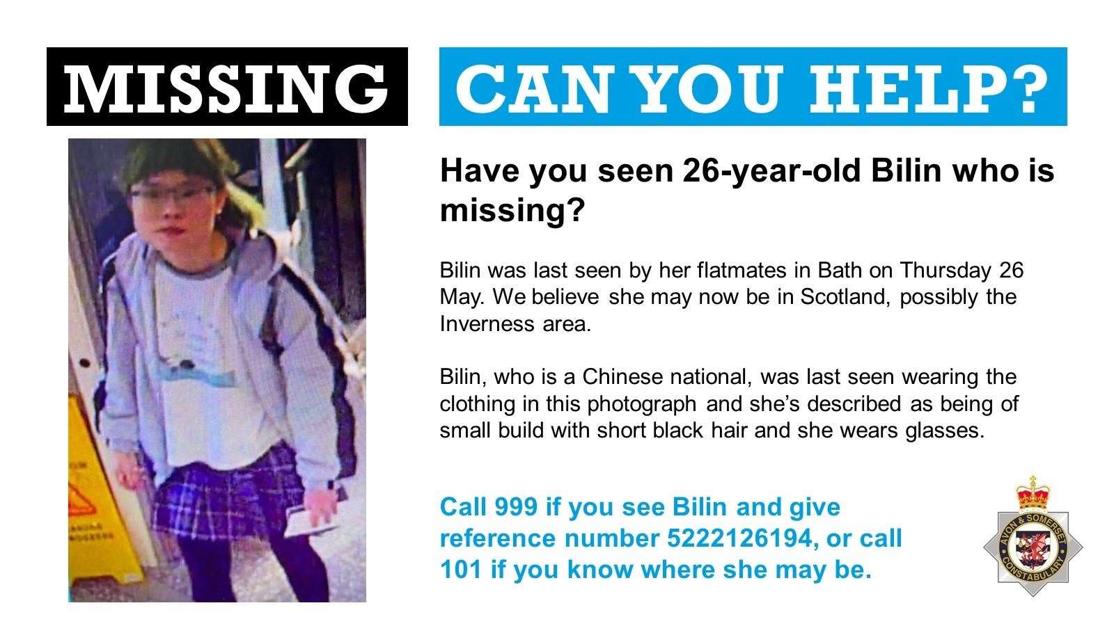 We're trying to locate #missing 26-year-old Bilin, who was last seen by her flatmates in #Bath on Thursday. We believe she may now be in #Scotland, possibly the #Inverness area. Full details in our appeal poster below