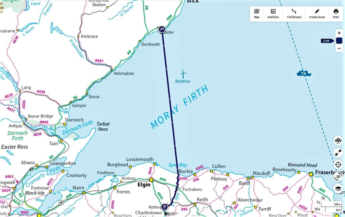 Map showing the distance Lynn's bottle travelled across the Moray Firth.