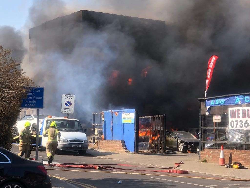 A car wash and tyre shop up in flames on Kenton Road, London (Dipak Vekaria/PA)