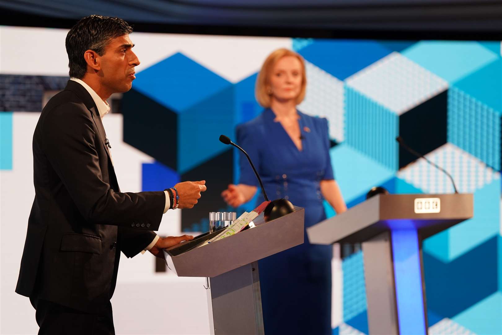 Rishi Sunak and Liz Truss clash in Monday’s BBC Tory leadership debate (Jacob King/PA)